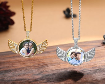 Personalized Diamond Studded Angel Wings  Necklace,Custom Photo Necklace,Hip Hop Necklace For Men,Engraving Necklace,Memorial Jewelry Gift