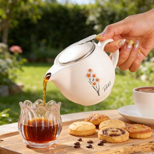 Könnte beinhalten: Eine weiße Keramik-Teekanne mit silbernem Deckel gießt Tee in eine klare Glas-Tasse. Die Teekanne hat ein Blumendesign und das Wort "Rahl" aufgedruckt. Mehrere Kekse und eine Tasse Kaffee befinden sich auf einem Holztablett.