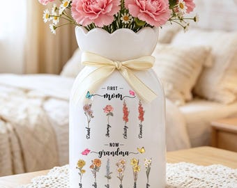 Jarrón personalizado para flores de nacimiento "Primera mamá, ahora abuela", jarrón floral personalizado con nombre, regalo único para madre/abuela/nanny/abuela.