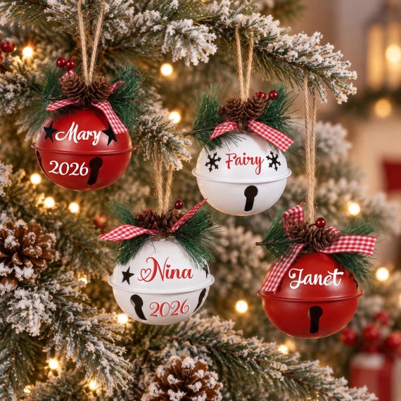 Personalized Christmas Bell Ornament, Custom Name and Date Jingle Bell, Family Tree Decor Stocking Gift, Holiday Keepsake Present For Family