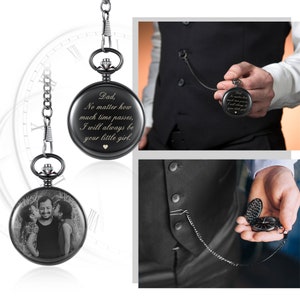 May include: Black pocket watch with a personalised inscription: "Dad, No matter how much time passes, I will always be your little girl." The watch has a small heart symbol and a photo of a father and two daughters.