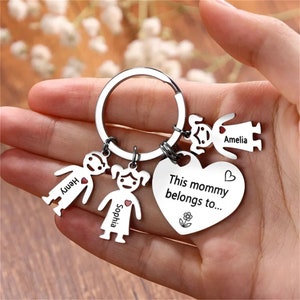 May include: Silver keychain with a heart charm that says "This mommy belongs to..." and three charms with stick figures of children with the names "Henry", "Sophia", and "Amelia".