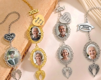Custom Graduation Tassel Photo&Text Charm with Angel Wing,Memorial Graduation Gift For Him/Her,2026 Graduation Memorial Tassel for grad cap