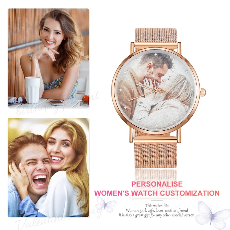 Peut inclure: Une montre pour femme en or rose avec un cadran personnalisable. Le cadran de la montre pr&eacute;sente une photo d'un couple qui s'embrasse. La montre a un bracelet en maille.