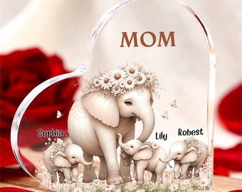 Custom Plaque for Mom,Elephant Mom And Baby Heart Acrylic Plaque with Kids Name,Mama Mom Nana Gifts,Gift from Kids,Mothers Day Gift