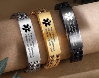 May include: Three stainless steel medical alert bracelets with black, silver, and gold chain links. Each bracelet has a rectangular tag with a medical symbol and the text "Type 2 Diabetes", "ICD MOM 123 666686548", and "ICD MOM 159 5872 25449".