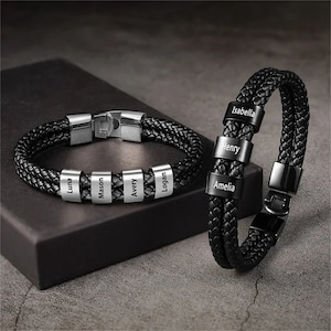 Pulsera de cuero personalizada para hombre, pulsera personalizada con nombres de 1 a 5 niños, pulsera para papá, joyería para hombre, regalo del Día del Padre, regalo para papá, regalos para él