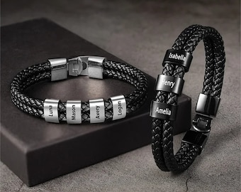 Personalized Men&#39;s Leather Bracelet,Custom 1-5 Kid&#39;s Names Bracelet,Dad Bracelet,Mens Jewelry,Father&#39;s Day Gift,Gift for Dad,Gifts for Him