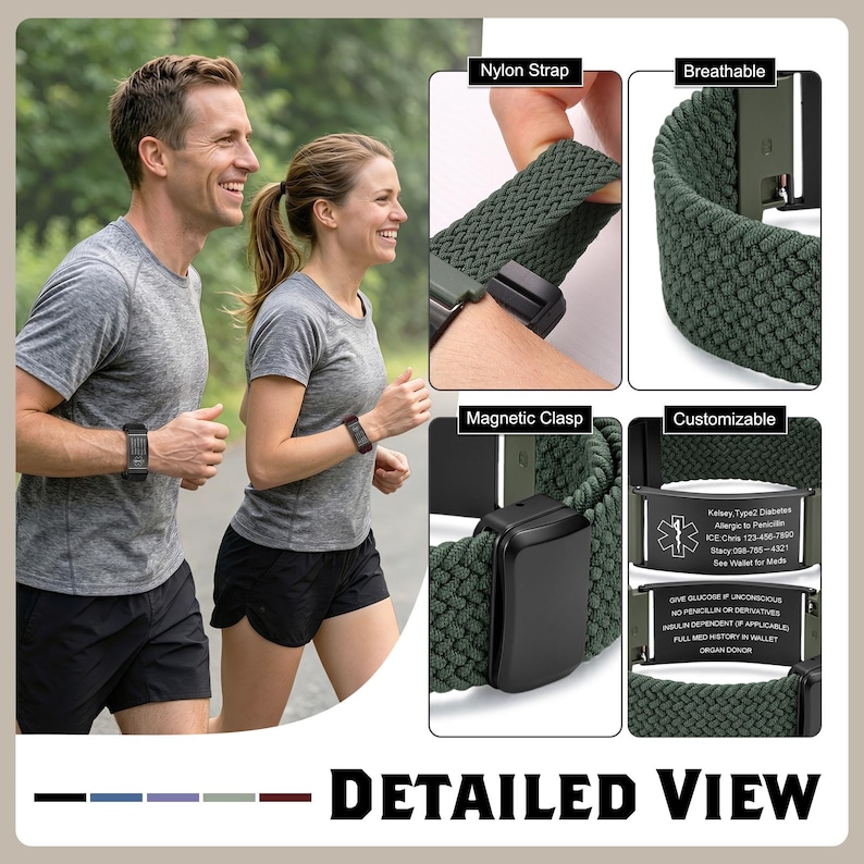May include: A dark green braided nylon watch strap featuring a black magnetic clasp and a customizable medical identification plate. The plate displays the text: Kelsey, Type2 Diabetes, Allergic to Penicillin, ICE: Chris 123-456-7890, Stacy 098-785-4321, See Wallet for Meds.