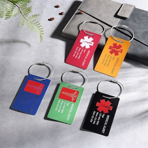 Étiquette de bagage d'alerte médicale personnalisée, étiquette d'identification gravée, contact d'urgence, étiquette de sac à dos, étiquette de valise, étiquette de bagage d'alerte d'allergie