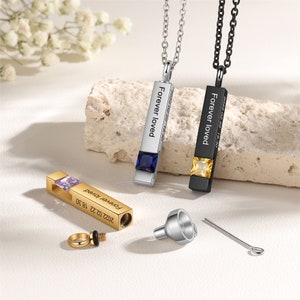 Gepersonaliseerde asketting-crematie-urn ketting-aangepaste staaf as ketting-gegraveerde geboortesteen as ketting-mens en huisdier crematie sieraden