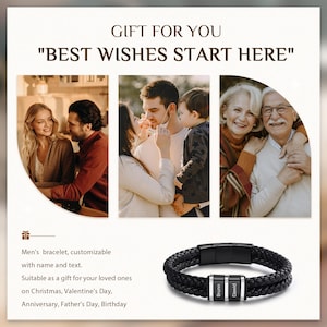 Może przedstawiać: Czarna pleciona sk&oacute;rzana bransoletka z dwoma srebrnymi paskami z imionami. Obraz zawiera trzy zdjęcia rodzinne oraz tekst "GIFT FOR YOU" i "BEST WISHES START HERE". Bransoletka jest konfigurowalna z imieniem i tekstem.