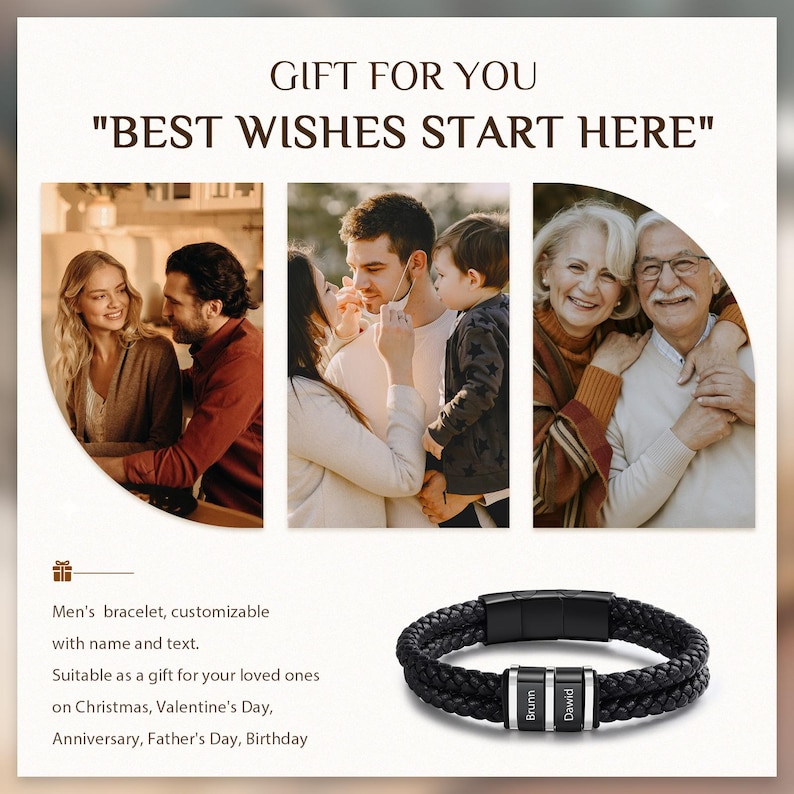 Może przedstawiać: Czarna pleciona sk&oacute;rzana bransoletka z dwoma srebrnymi paskami z imionami. Obraz zawiera trzy zdjęcia rodzinne oraz tekst "GIFT FOR YOU" i "BEST WISHES START HERE". Bransoletka jest konfigurowalna z imieniem i tekstem.