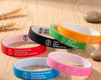 Waterproof Sport Medical Alert Bracelet,Elasticity Silicone Medical Bracelet,Kid's Name ID Tag,Health Emergency Bracelet for Men & Women