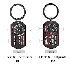 May include: Two black keychains with a clock design. One keychain has the name "Maxine" and the date "05-09-2025". The other keychain has the name "Anahi" and the date "2025.10.30". Both keychains have the text "The moment you became my Daddy".