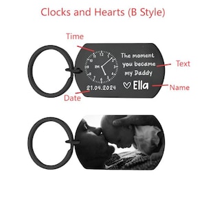 May include: Black keychain with a clock design and the text "The moment you became my Daddy" and the name "Ella". The date "21.04.2024" is also displayed. The second keychain shows a black and white photo.