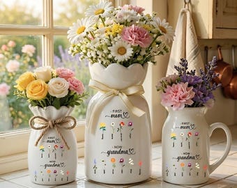 Personalized First Mom Now Grandma Birth Flower Vase, Custom Flower Keepsake With Name Vase, Unique Gift for Mother/Nana/Nanny/Grandma