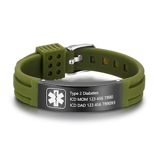 Waterproof Sport Medical Alert Bracelet,New Silicone Medical Bracelet,Name ID Adjustable Bracelet, Health Emergency Bracelet for Men & Women Green&Black