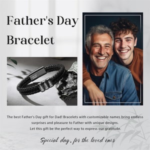 Może przedstawiać: Czarna pleciona sk&oacute;rzana bransoletka z personalizowanymi tabliczkami z imionami. Obraz zawiera tekst "Father's Day Bracelet" i zdjęcie ojca i syna. Na bransoletce wygrawerowano napis "Love you always".