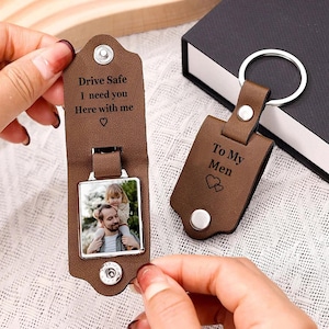 Porte-clés personnalisé en cuir pour hommes avec photo, porte-clés photo avec étiquette en métal, porte-clés gravé, cadeaux de fête des pères pour homme, cadeaux d'anniversaire