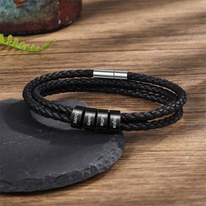Pulsera de cuero trenzado para hombre, pulsera con nombre de niño para papá, joyería de cuero para hombre, regalos para esposo, regalo de Navidad para él