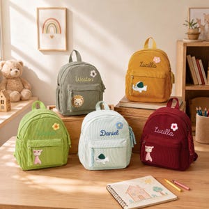 Personalized Corduroy Toddler Backpack,Custom Animal Patch Nursery Bag,Embroidered Name Kids Rucksack, Mini Preschool Bag for Boys and Girls