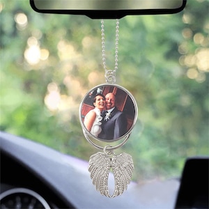 In Memory Photo Charm with Angle Wings,Custom Memorial Car Charm,Angel Wing Hanging Charm, Memorial Gift, Mirror Charm,2 Photos KeyChain