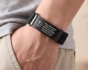 Waterproof Sport Medical Alert adjustable Bracelet, Elasticity Nylon Band  Medical Name ID Bracelet, Health  Bracelet for Men & Women