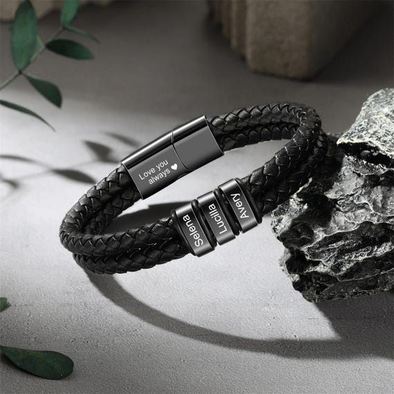 Personalized Men's Braid Leather Bracelet, Custom Kid's Names Bracelet for Dad,Mens Leather Jewelry,Gifts for Husband,Gift for Father,Dad
