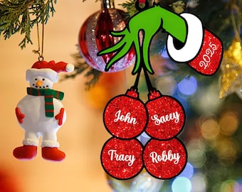 Gepersonaliseerde Grinch-ornament met namen, 2-7 namen aangepaste familie kerstcadeau, kerstornament familie, kerstbal familie, kerstcadeau familie