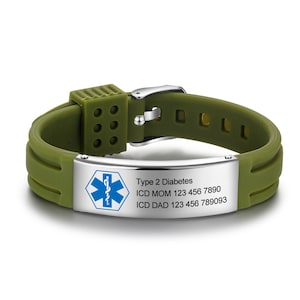 Waterproof Sport Medical Alert Bracelet,New Silicone Medical Bracelet,Name ID Adjustable Bracelet, Health Emergency Bracelet for Men & Women Green&Silver