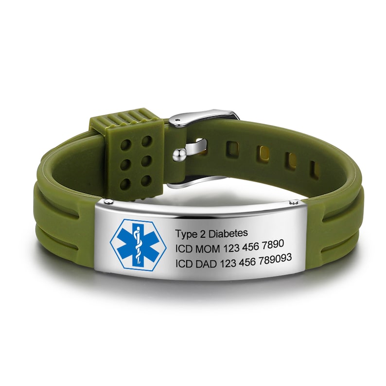 Waterproof Sport Medical Alert Bracelet,New Silicone Medical Bracelet,Name ID Adjustable Bracelet, Health Emergency Bracelet for Men & Women Green&Silver