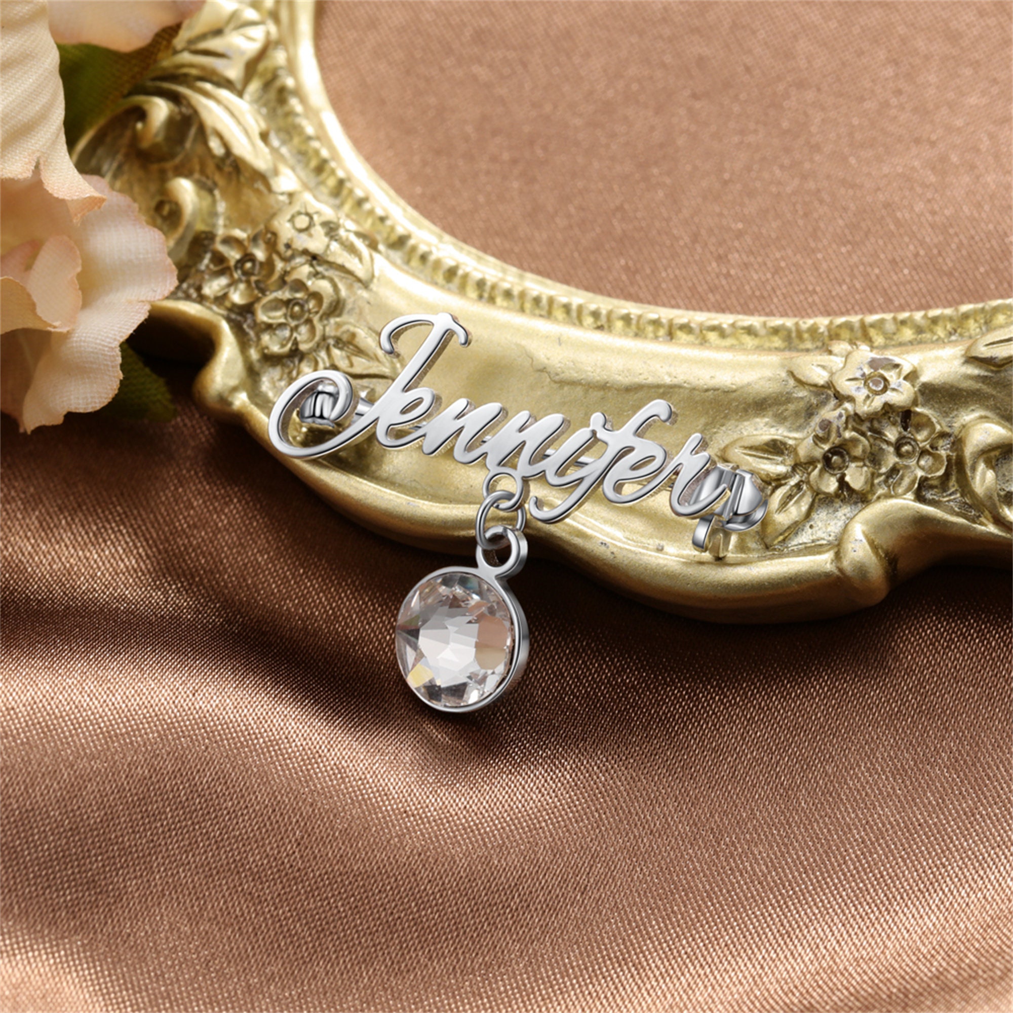 Personalized Name Brooch, Custom Name with Birthstone Pin, Badge to Wear on the Chest,Monogram Dress Brooch,Gift for Mother, Bridesmaid Gift