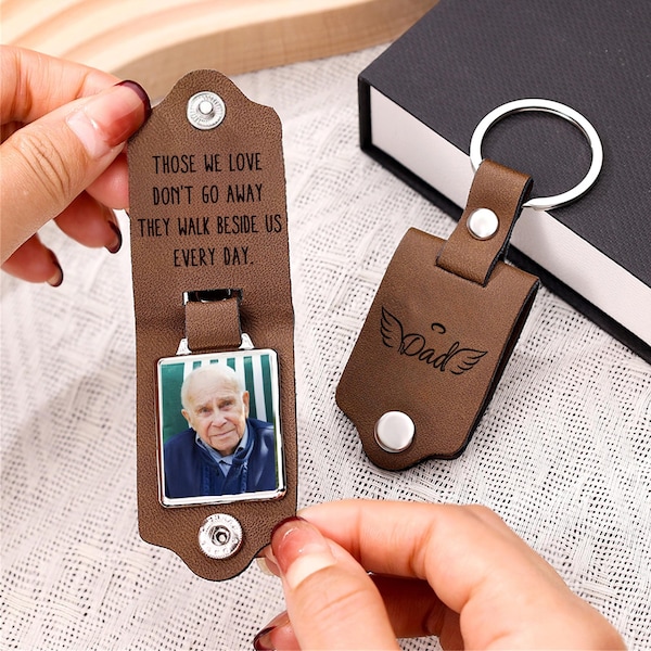 Personalized  Leather Keychain with Photo,Memorial Keepsake,Sympathy Gift,Photo Keychain For Him, In Memory of Dad,Loss of Loved One Gift