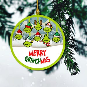 Ornement Grinch personnalisé avec noms, Ornement de Noël familial, Ornement joyeux Grinchmas, Ornement en bois, Ornement de Noël Grinch