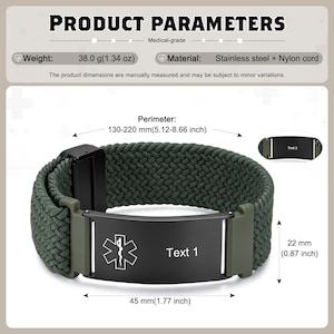 May include: A medical alert bracelet with a dark green braided nylon cord and a black stainless steel plate featuring a white Star of Life symbol and the placeholder text Text 1. The plate measures 45 mm by 22 mm with a 5.12-8.66 inch perimeter.