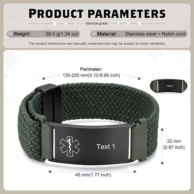 May include: A medical alert bracelet with a dark green braided nylon cord and a black stainless steel plate featuring a white Star of Life symbol and the placeholder text Text 1. The plate measures 45 mm by 22 mm with a 5.12-8.66 inch perimeter.