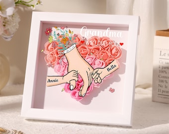 Personalised Rose Heart Shadow Box,Rose Hand Holding Frame with Kids Names, Mothers Day Gift for Mummy,Nan,Nanna,Granny