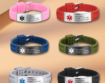 Waterproof Sport Medical Alert Bracelet,New Silicone Medical Bracelet, Adjustable ID Bracelet, Health Emergency Bracelet for Men & Women