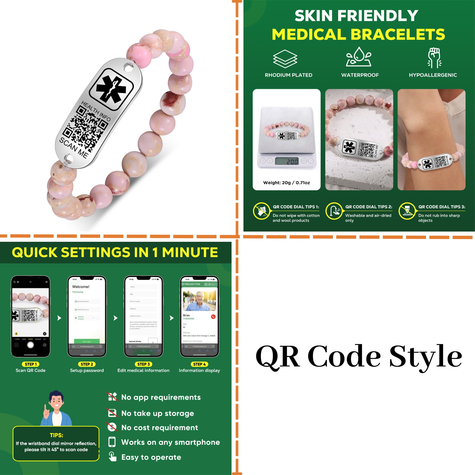 Medical Qr Code & Text Bracelet,medical ID With Beaded Bracelet ...