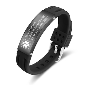 Waterproof Sport Medical Alert Bracelet,New Silicone Medical Bracelet,Name ID Adjustable Bracelet, Health Emergency Bracelet for Men & Women All Black