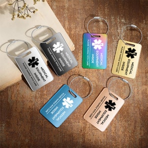 Gepersonaliseerde medische waarschuwingsbagagelabel,gepersonaliseerd metalen bagagelabel,gegraveerd aluminium label,reiscadeau, tas-ID,allergiewaarschuwing bagagelabel