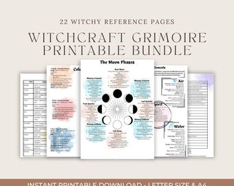 May include: A collection of printable pages with the text "WITCHCRAFT GRIMOIRE PRINTABLE BUNDLE". The pages include information on the moon phases and elements. The text "22 WITCHY REFERENCE PAGES" is at the top. The text "INSTANT PRINTABLE DOWNLOAD - LETTER SIZE & A4" is at the bottom.