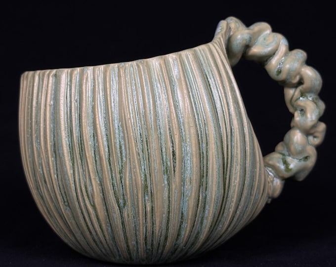handmade whimsical porcelain mug in green and violet