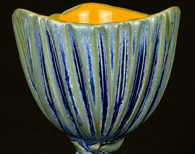 handmade porcelain goblet or tasting cup in blue and orange