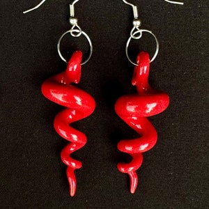 handmade squiggly organic viney porcelain squiggle hanging earrings glazed glossy red with stainless steel findings