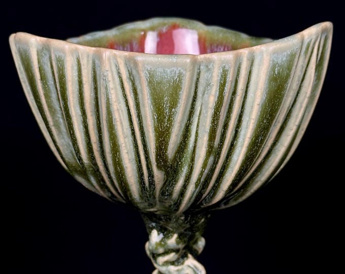 handmade porcelain goblet or wine glass in green and magenta