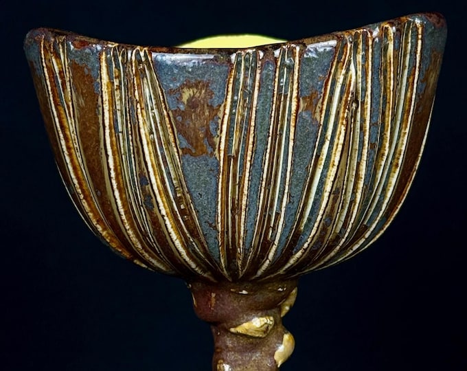 handmade porcelain goblet or wine glass in red, gray, and yellow