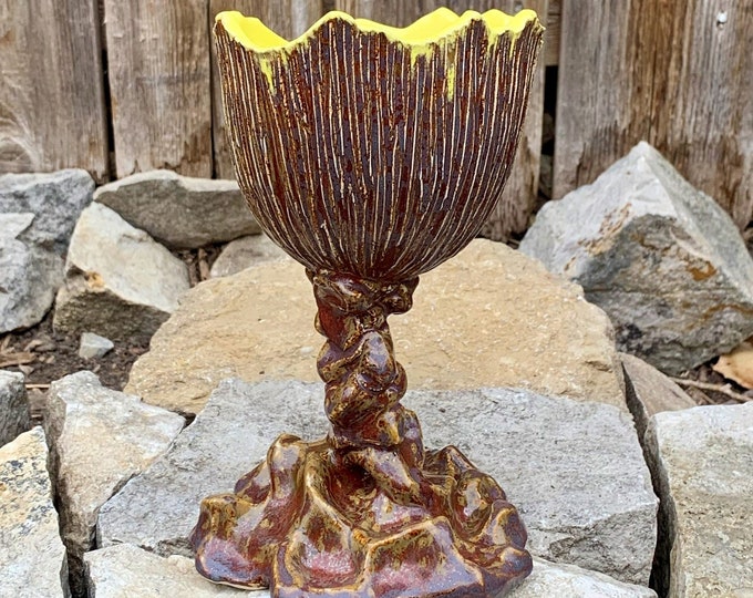 ceramic goblet or wine glass in red, yellow, and gray