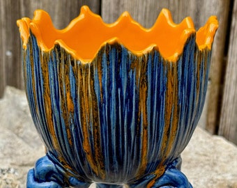 porcelain houseplant pot in blue and orange